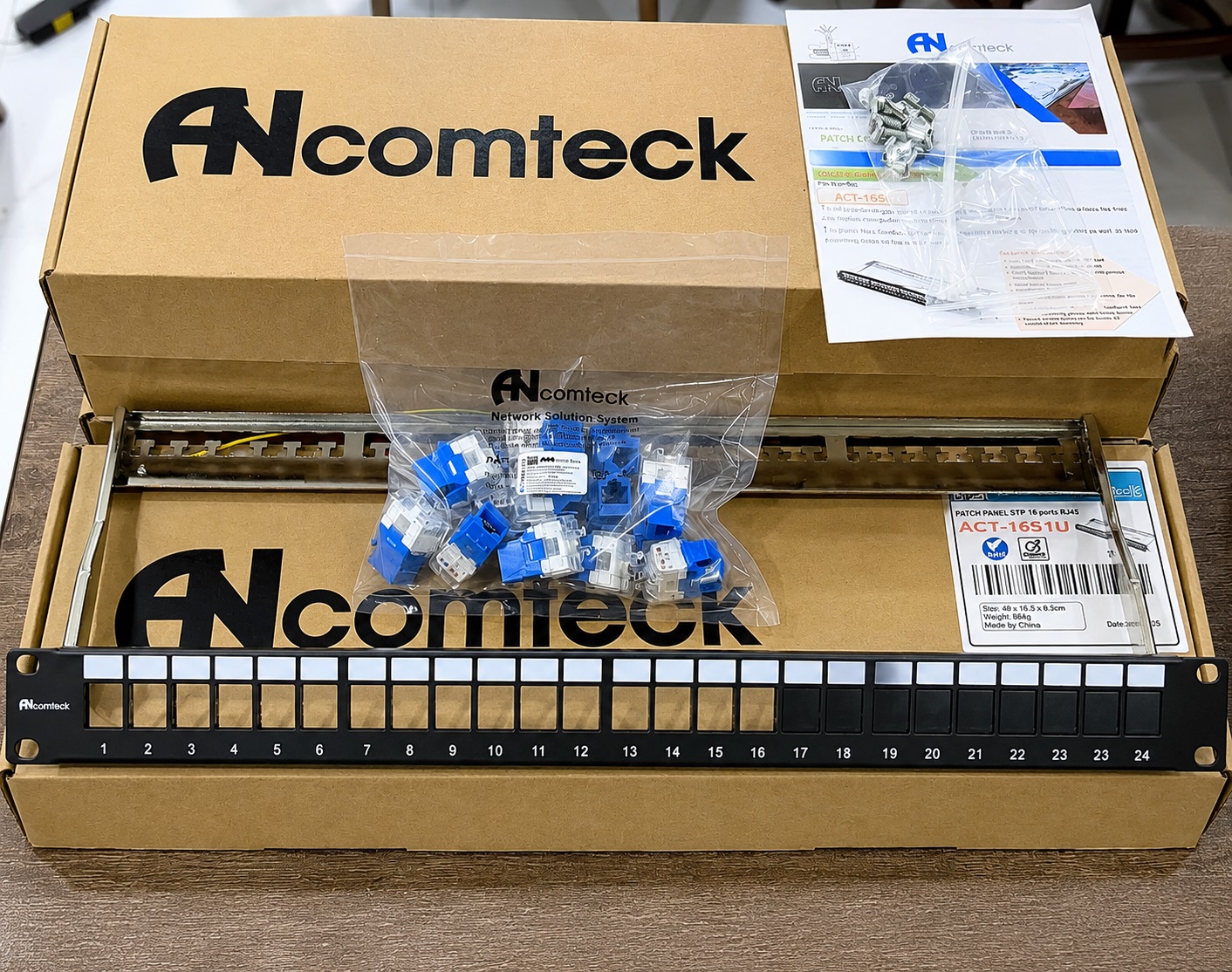 Patch panel 16 cổng Cat6 UTP mã ACT-16S1U, ACT-JK28-C6-US chính hãng ANCOMTECK